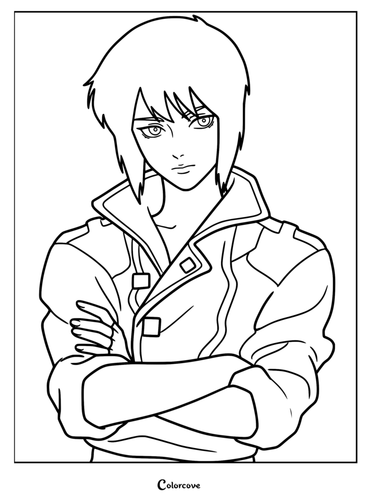 Página detallada de arte lineal para colorear de Motoko Kusanagi de Ghost in the Shell con cabello corto y oscuro, de pie con los brazos cruzados y su chaqueta militar táctica.