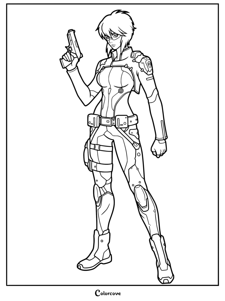 Motoko Kusanagi en una pose de combate táctico sosteniendo una pistola, vistiendo un traje de cíborg de cuerpo completo con armadura en las piernas, presentada como una página para colorear de Ghost in the Shell para imprimir.