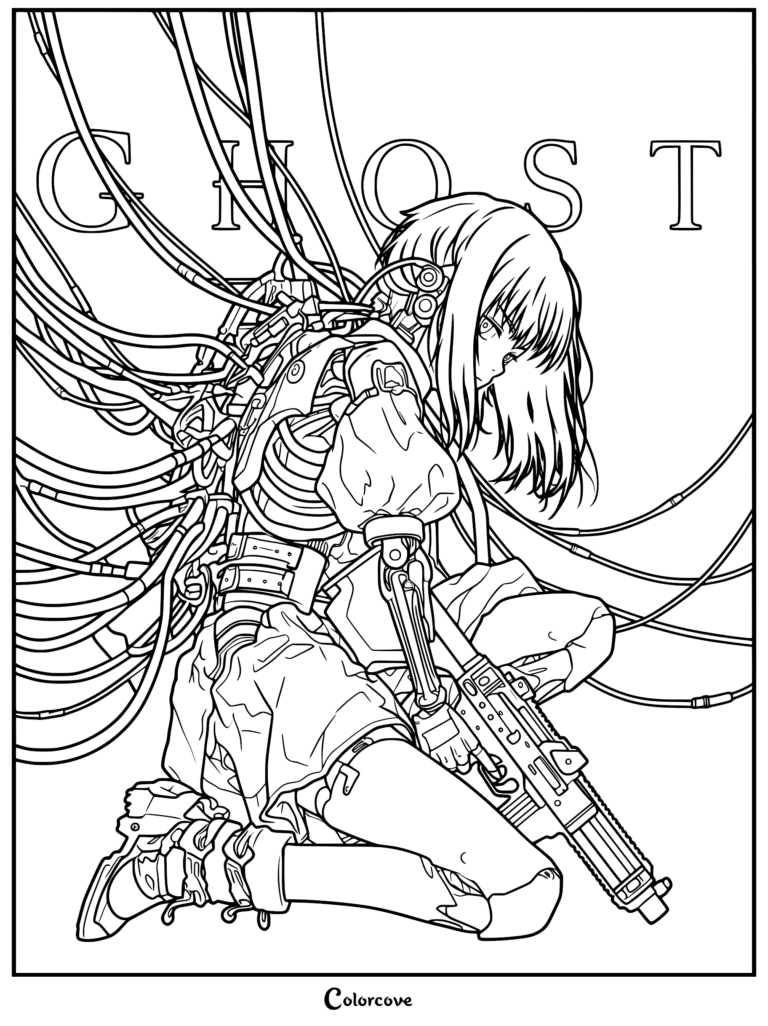 Detallada página para colorear de Motoko Kusanagi arrodillada, conectada a numerosos cables colgantes y de fibra óptica, sosteniendo un arma de fuego con detalles visibles de su brazo cibernético y la palabra GHOST al fondo.