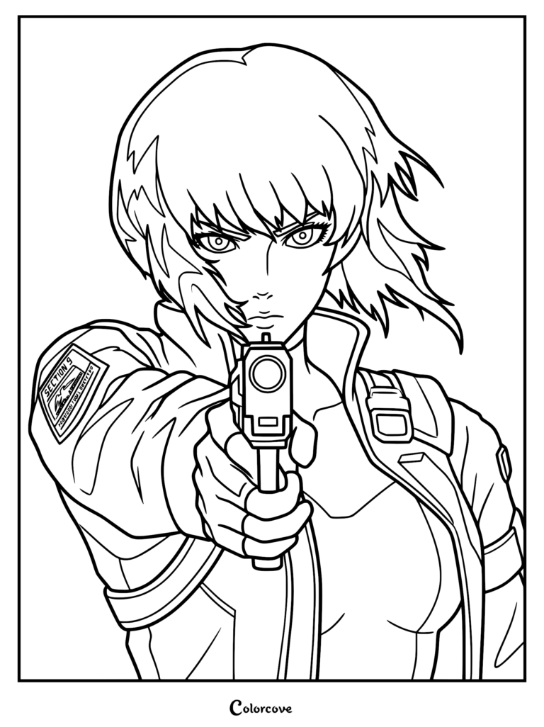 Página detallada de arte lineal de Motoko Kusanagi de Ghost in the Shell apuntando con una pistola, vistiendo una chaqueta táctica con un parche de la Sección 9.