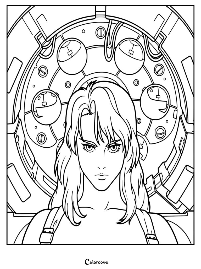 Detallada página para colorear del Puppet Master de Ghost in the Shell, con una expresión facial seria posicionado frente a una interfaz cibernética circular y componentes oculares robóticos.