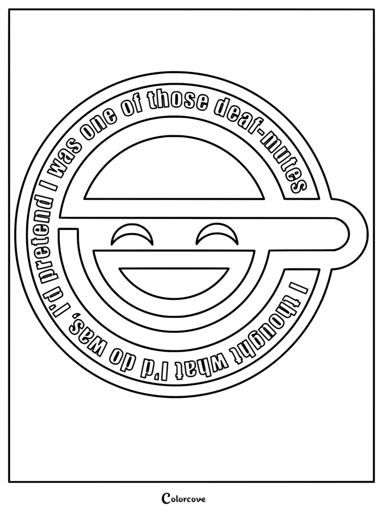Una página para colorear para imprimir con el icónico logotipo de El Hombre que Ríe de Ghost in the Shell, con arte lineal audaz del símbolo y el texto que lo rodea.