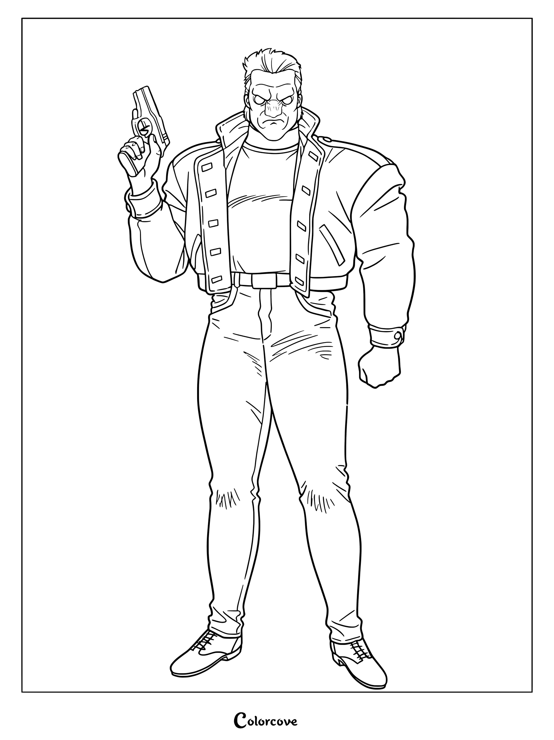 Coloriage détaillé de Batou représentant le cyborg tenant une arme de poing dans une pose debout.