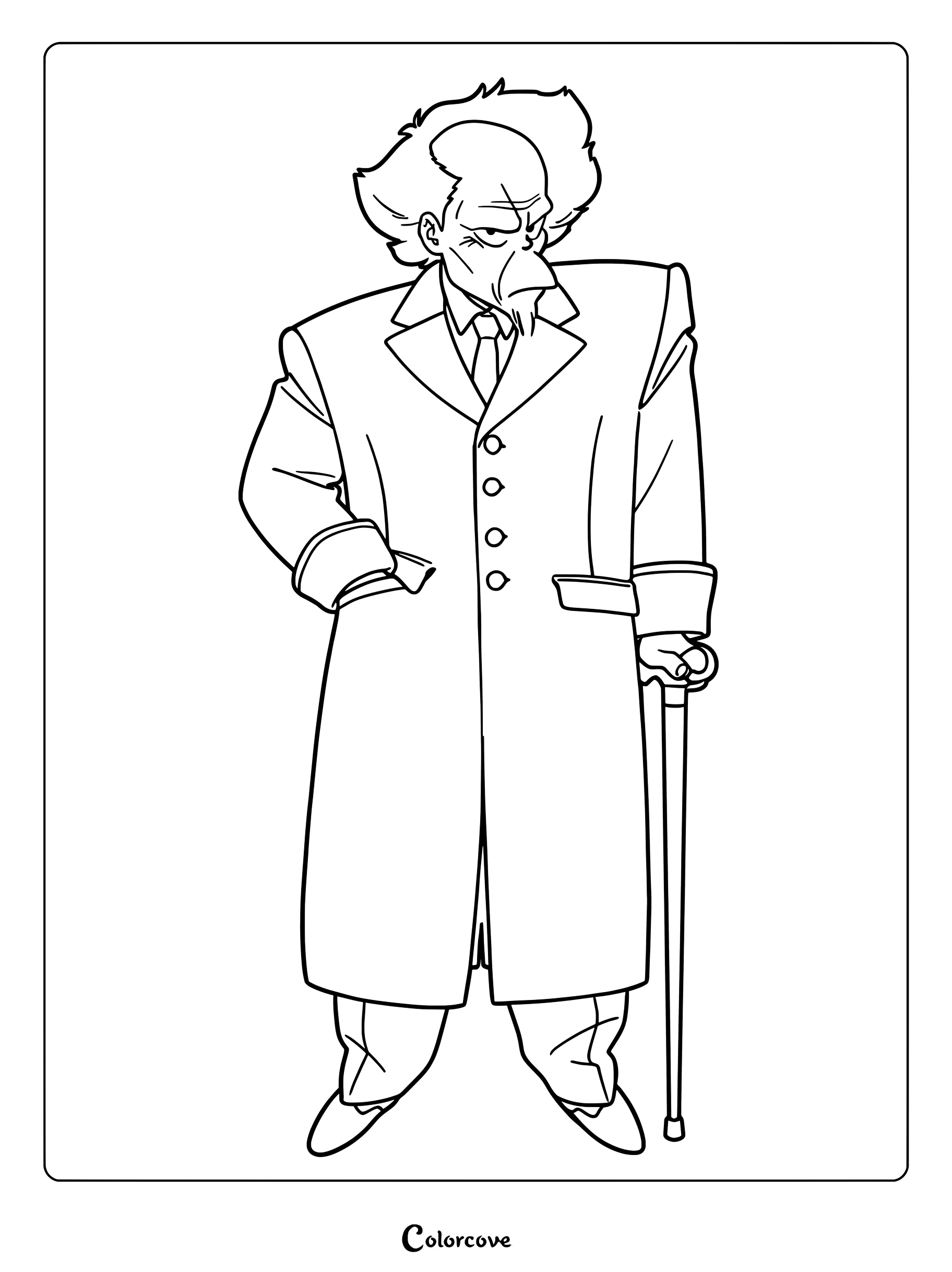 Coloriage simple de Daisuke Aramaki debout dans son manteau formel et tenant une canne.