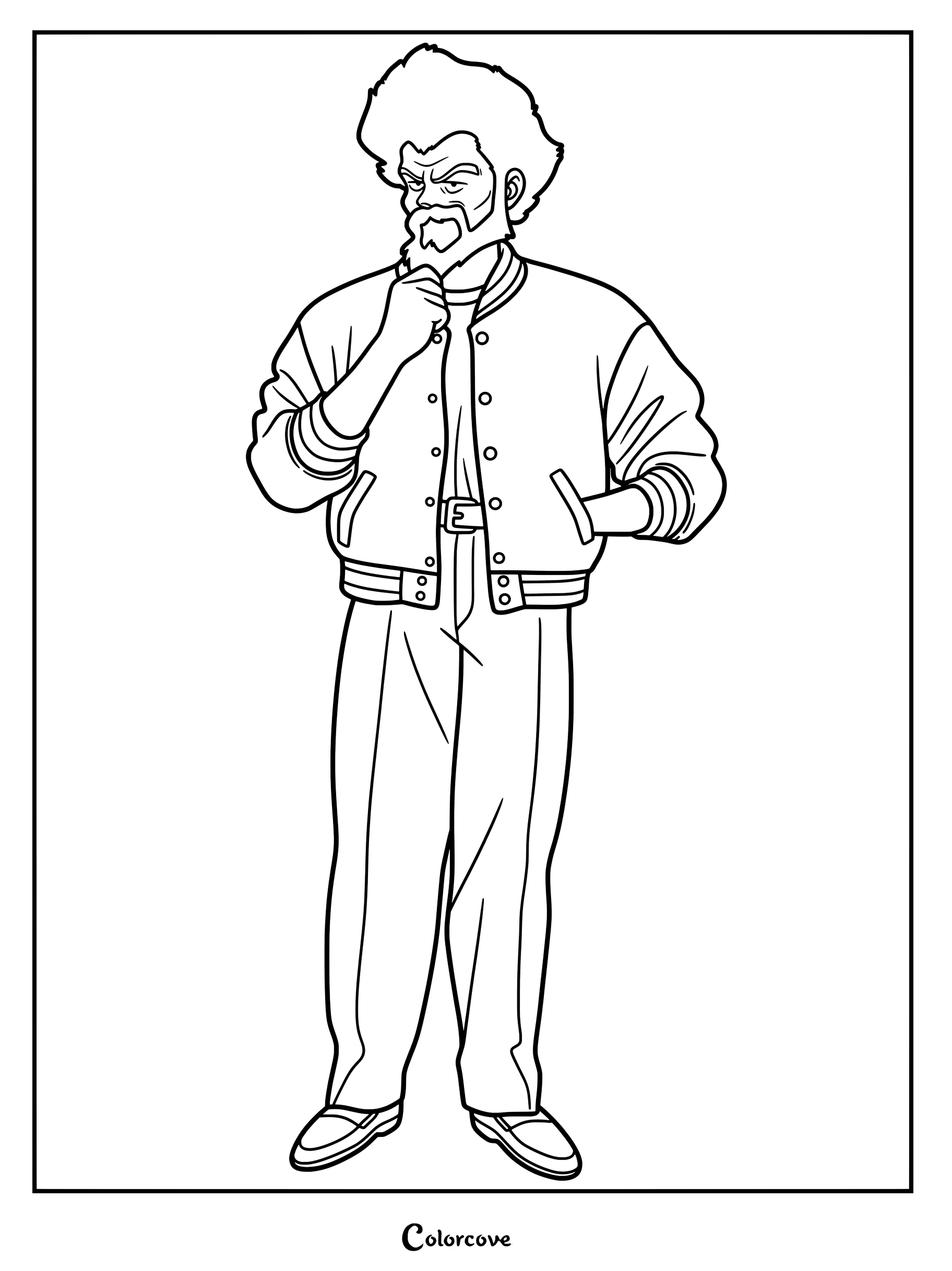 Coloriage de difficulté moyenne d'Ishikawa avec sa coupe afro et sa barbe caractéristiques, portant une veste universitaire.
