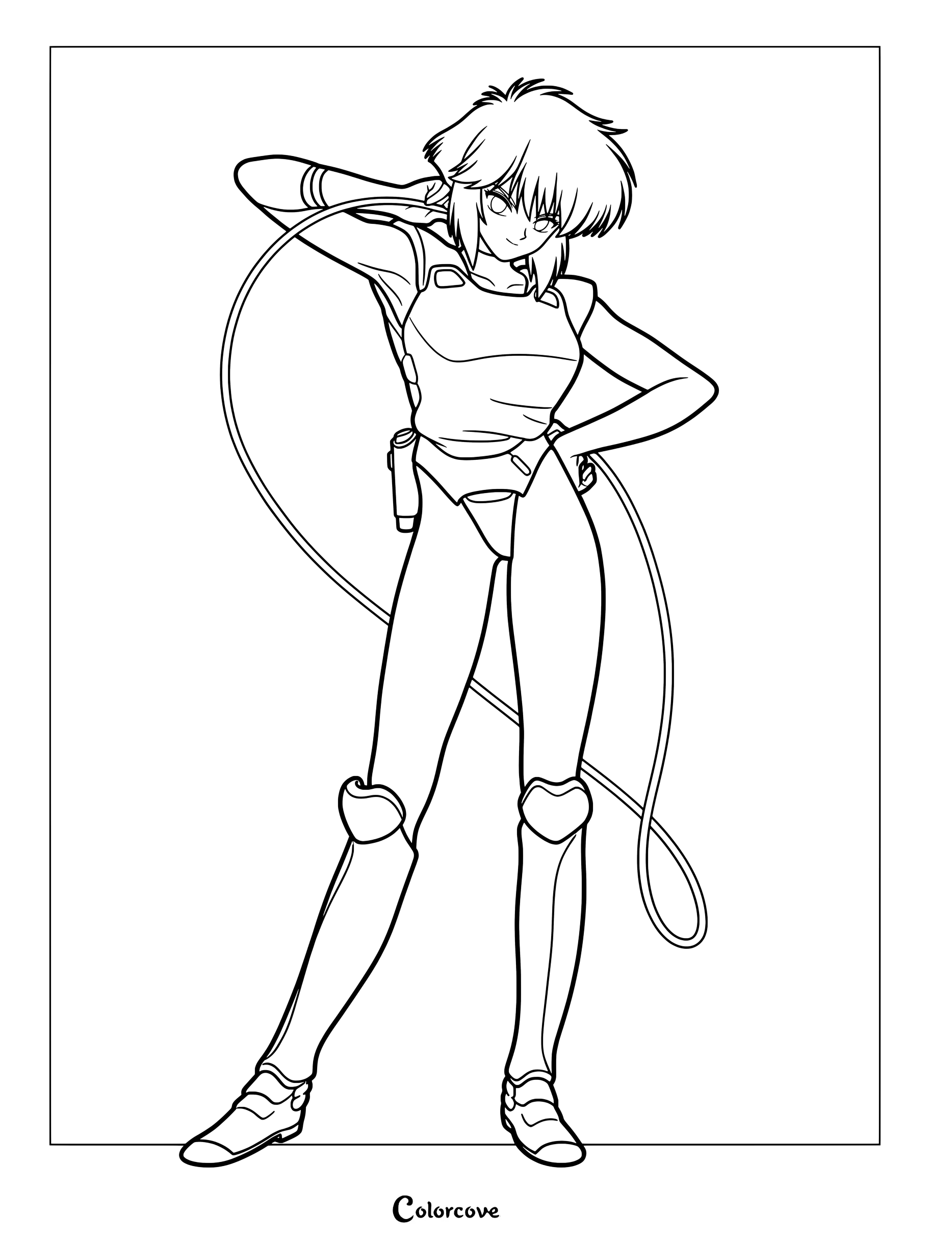 Coloriage détaillé de Motoko Kusanagi représentant la Major dans son équipement tactique avec un câble.