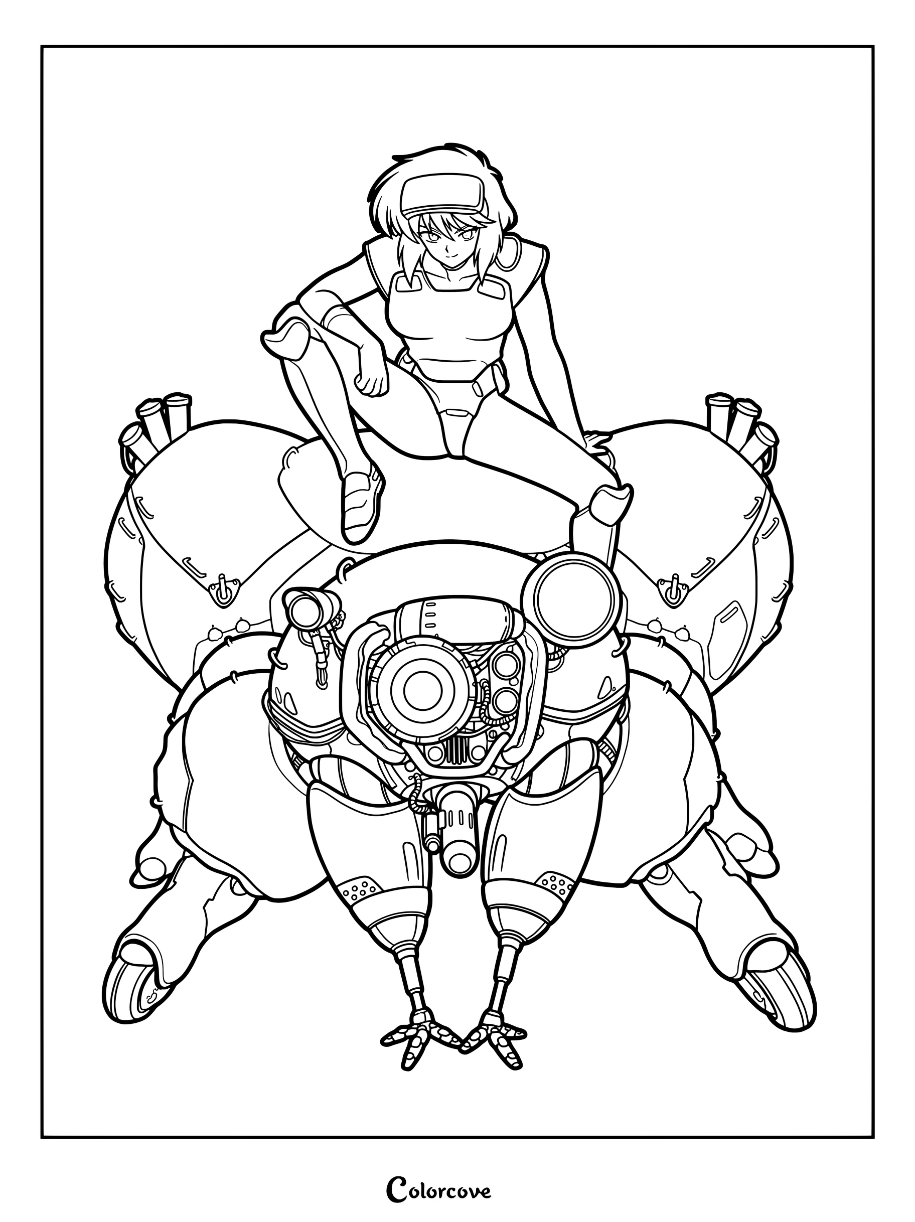 Coloriage détaillé de Motoko Kusanagi assise sur un tank Fuchikoma rouge tiré de Ghost in the Shell.