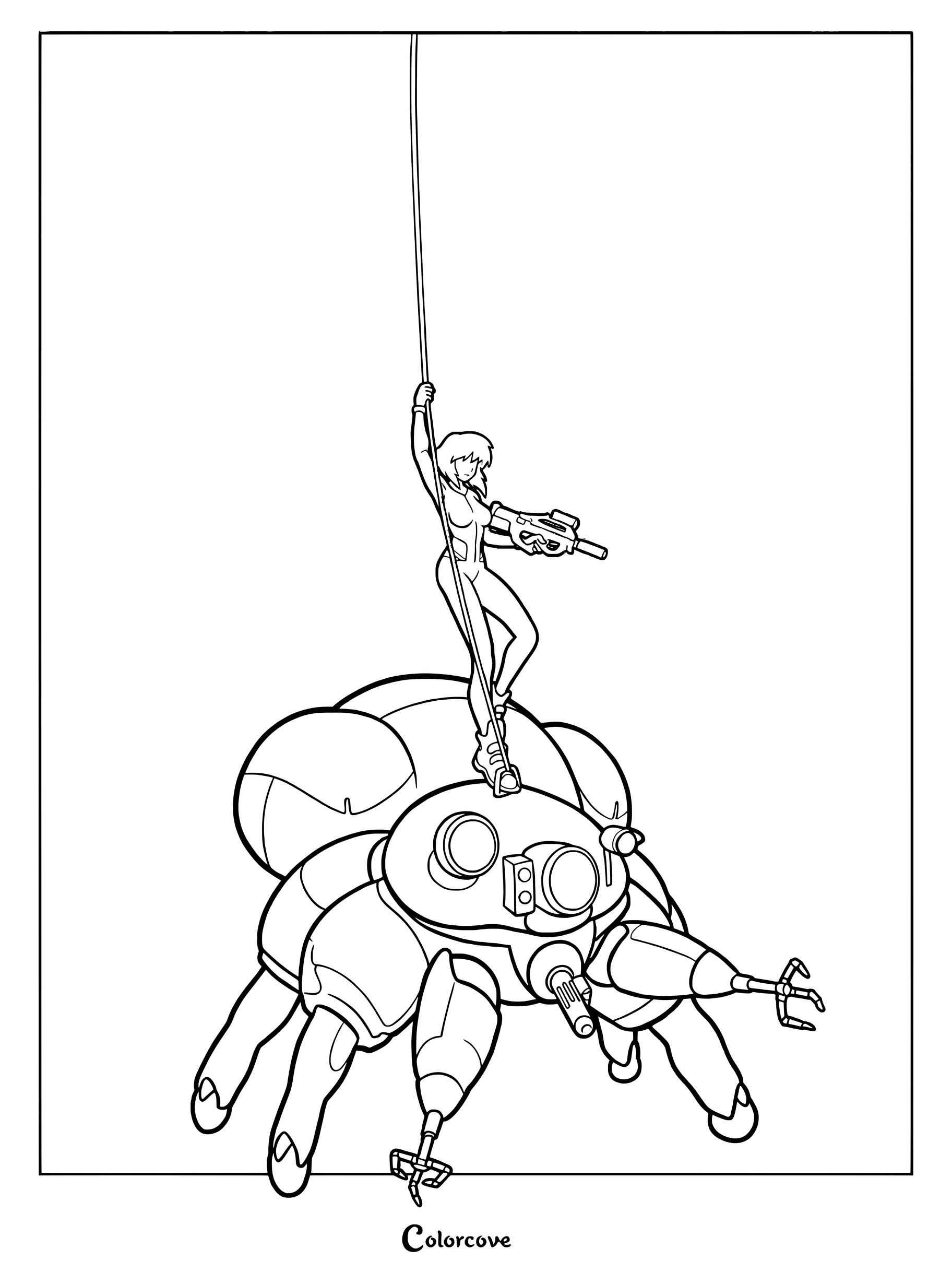 Coloriage détaillé de Motoko Kusanagi debout sur un tank Tachikoma, tenant un câble et une arme.