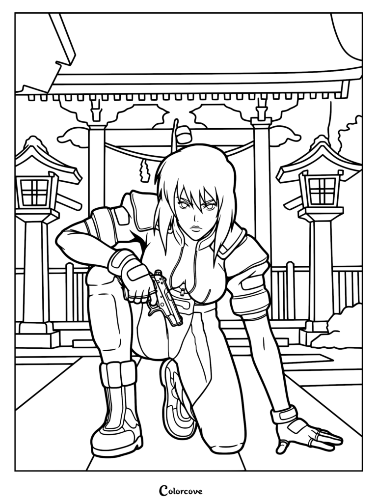 Una detallada página para colorear de Motoko Kusanagi de Ghost in the Shell en una pose táctica arrodillada, sosteniendo una pistola frente a una puerta de santuario japonés tradicional con linternas de piedra.