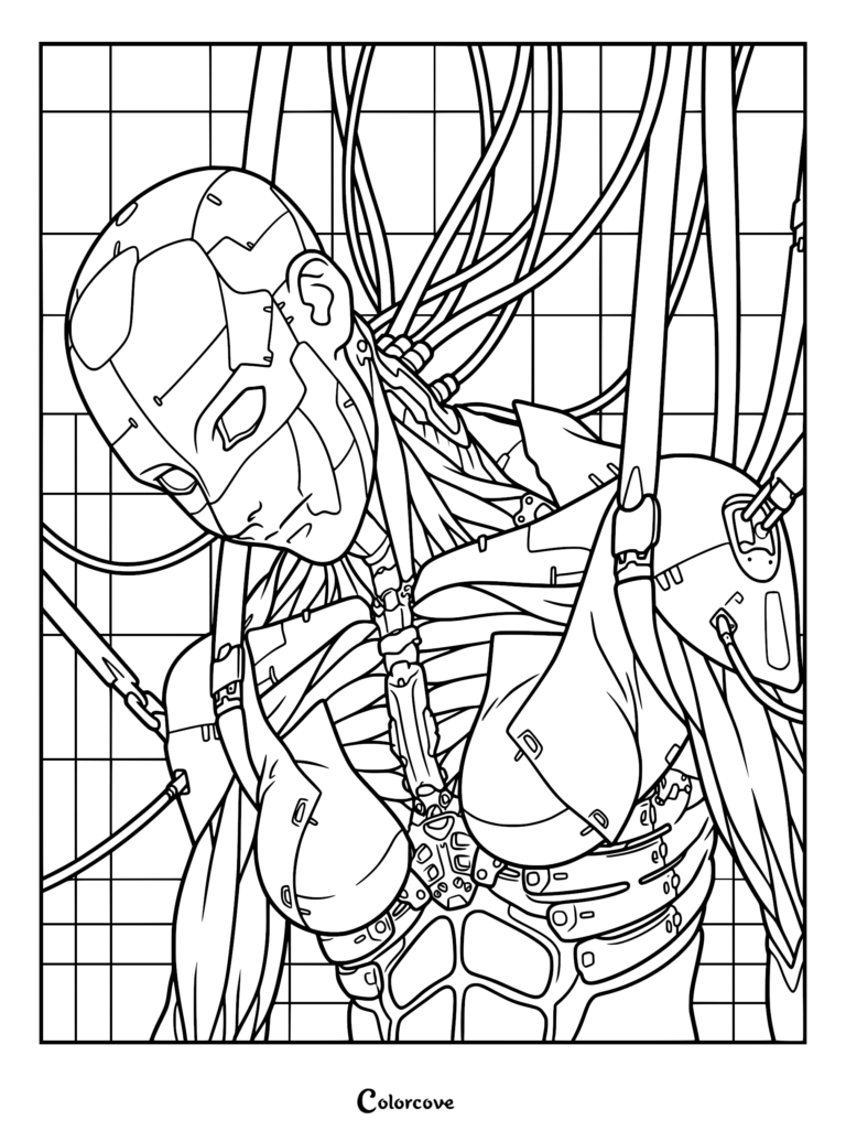 Detallada página de arte lineal para colorear de Motoko Kusanagi conectada a múltiples cables neuronales y de mantenimiento en una instalación con paredes de rejilla.