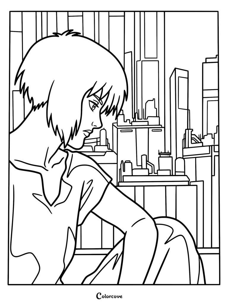 Detallada página para colorear de Motoko Kusanagi de Ghost in the Shell observando el horizonte de una extensa y futurista ciudad ciberpunk con rascacielos imponentes.
