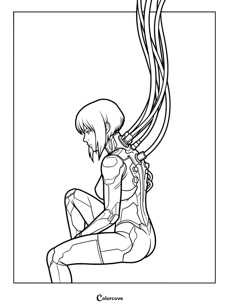 Una detallada página para colorear de Motoko Kusanagi de perfil, sentada mientras está conectada a múltiples cables de datos de alta resistencia unidos a su cuello y espalda, mostrando su armazón sintético y diseño cibernético.