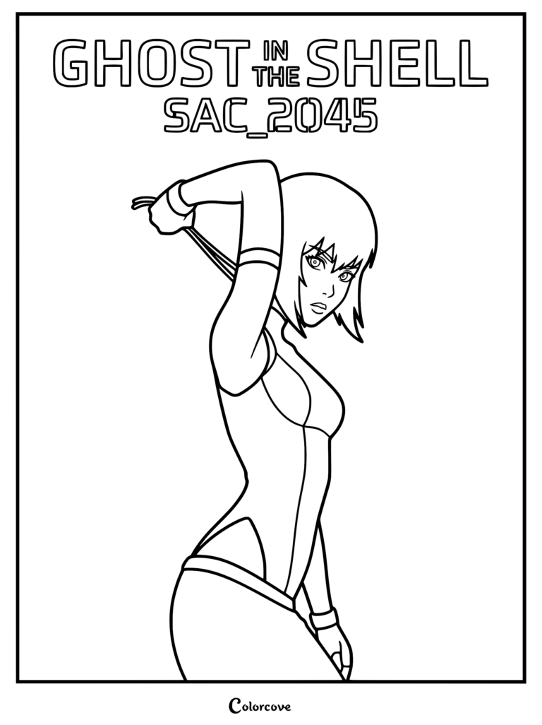 Una página para colorear de arte lineal de Motoko Kusanagi de Ghost in the Shell: SAC_2045, mostrándola recogiéndose el cabello con los brazos levantados, vistiendo un elegante traje táctico bajo el logotipo de Ghost in the Shell.