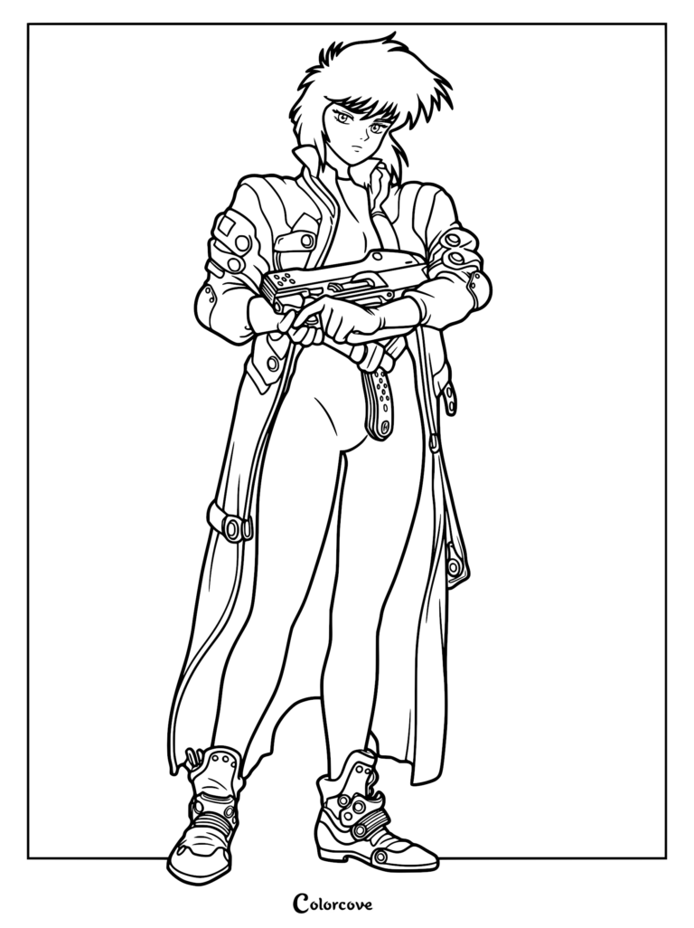 Una detallada página de arte lineal para colorear de Motoko Kusanagi de Ghost in the Shell, de pie con su gabardina táctica y sosteniendo una pistola futurista.
