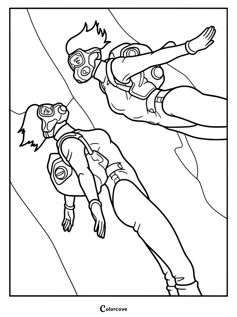 Motoko Kusanagi vistiendo un traje de vuelo especializado y máscara de gas mientras practica paracaidismo en este dibujo de Ghost in the Shell para imprimir gratis.
