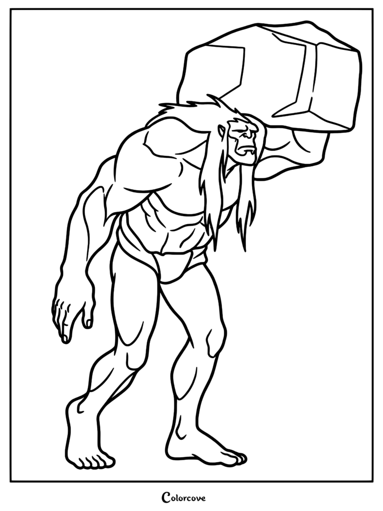 A muscular giant with long hair carrying a large stone block on his shoulder in this printable coloring page.