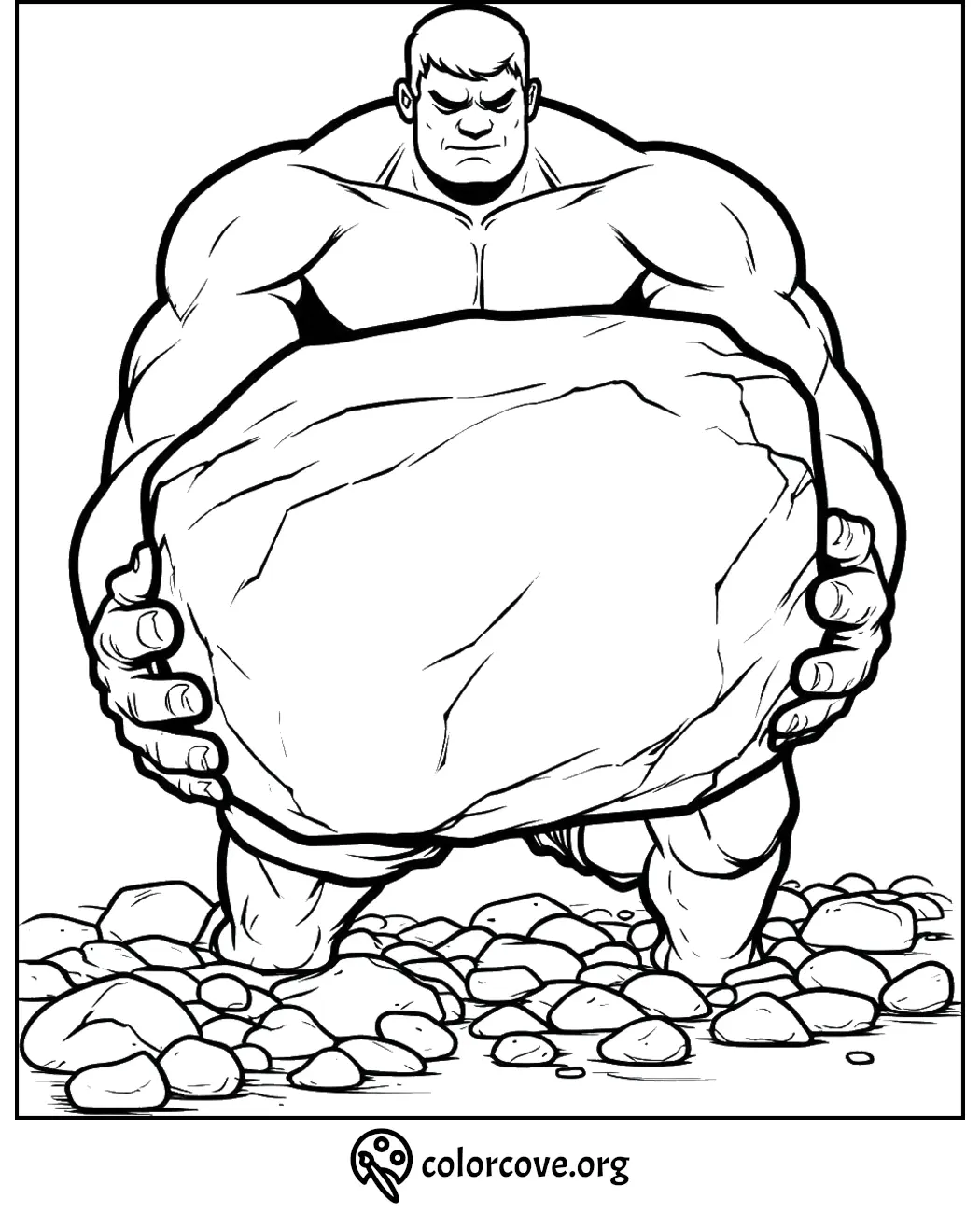 a drawing of a muscular man holding a large rock