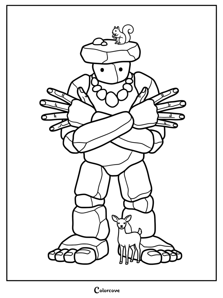 A stone giant coloring page featuring a rock creature with a squirrel on its head and a small deer standing by its feet.