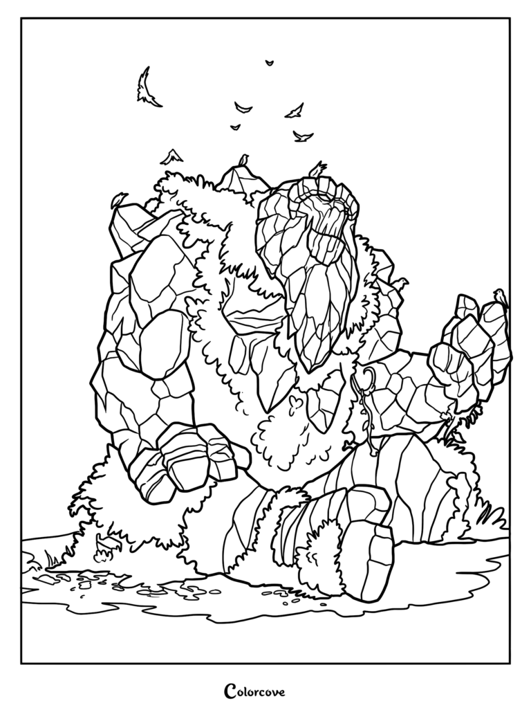 A giant stone golem sitting on the ground with birds perched on its rocky shoulders in this detailed coloring page.
