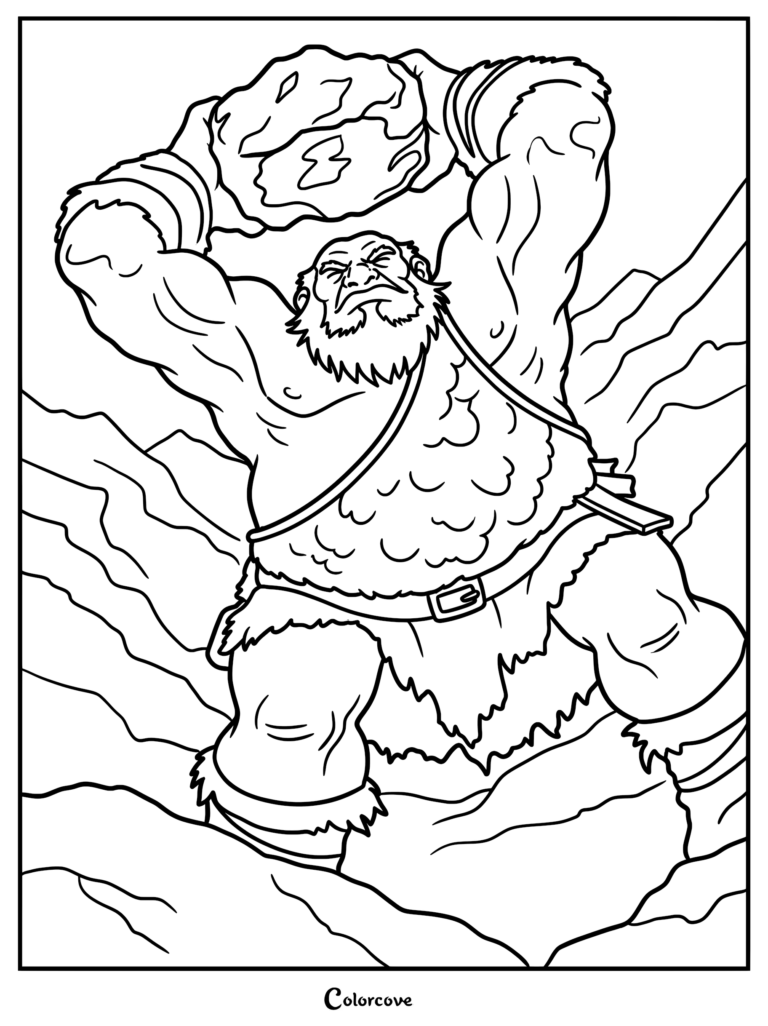 A muscular bearded giant wearing a fur tunic lifting a heavy rock above his head in this printable coloring page.