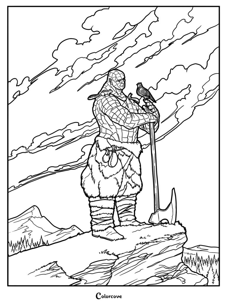 Korg the stone giant standing on a mountain cliff holding an axe with a bird perched on his hand, coloring page.