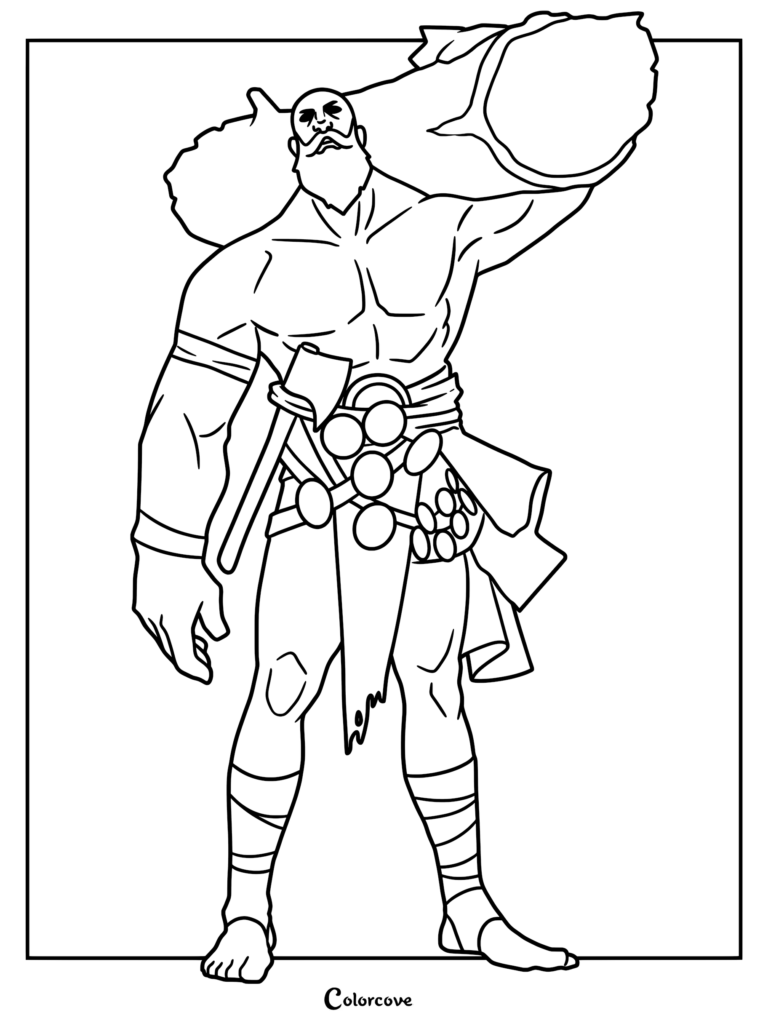 A muscular bearded giant carrying a large wooden log on his shoulder, detailed line art coloring page.