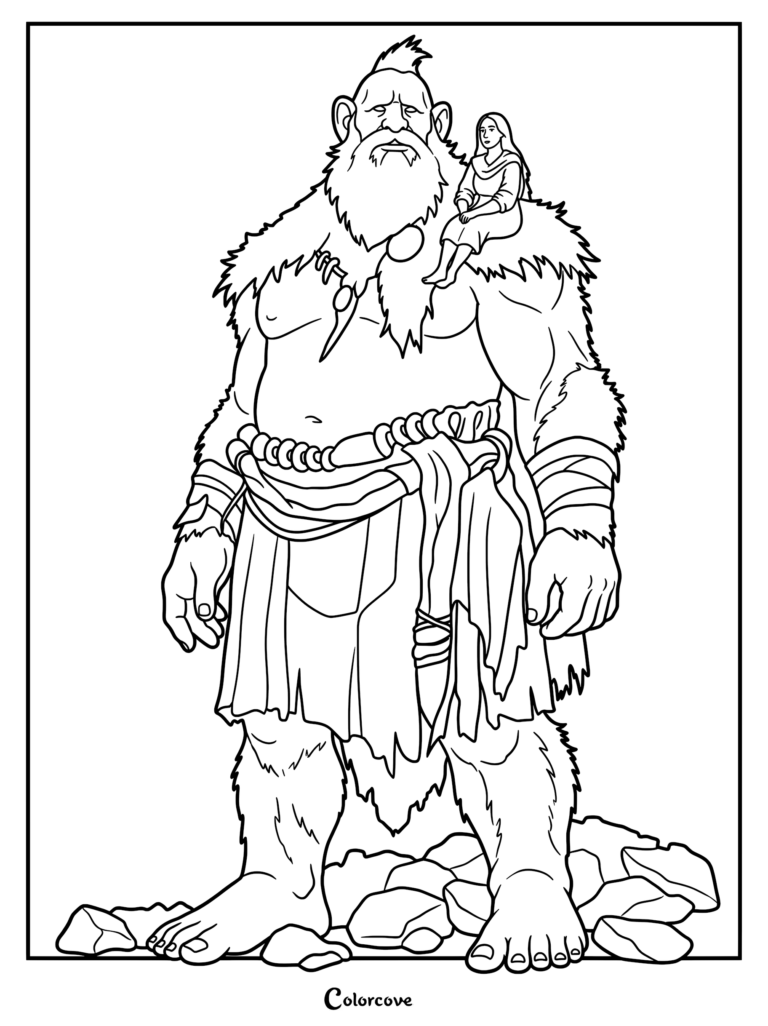 A coloring page featuring a large, bearded giant with a mohawk wearing fur and a loincloth, carrying a small woman sitting on his shoulder.