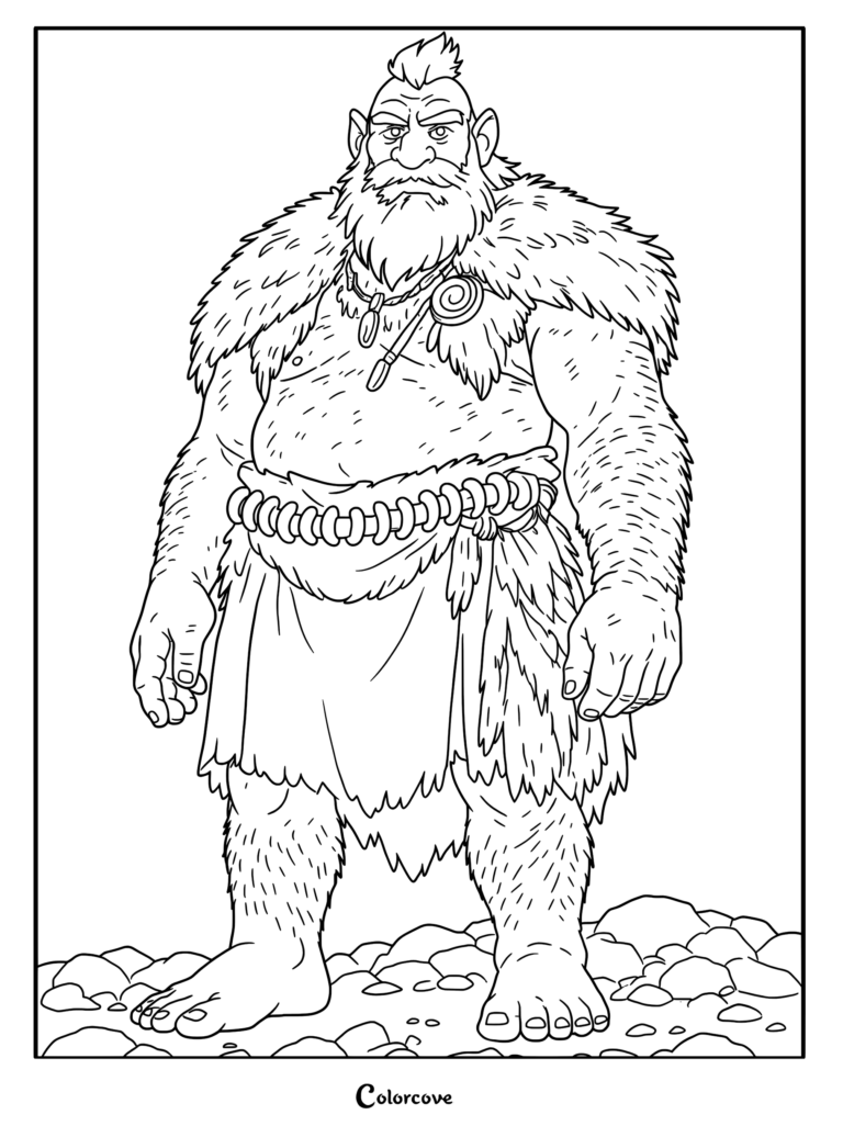 A bearded Viking giant wearing a fur mantle and belt standing on rocky ground in this printable coloring page.