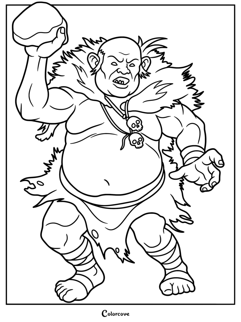 A muscular giant wearing a fur cape and skull necklace holding a large rock in this printable coloring page.