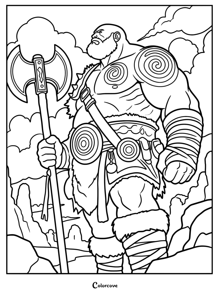 A muscular Viking giant with spiral tattoos holding a large double-bladed battle axe in this printable coloring page.