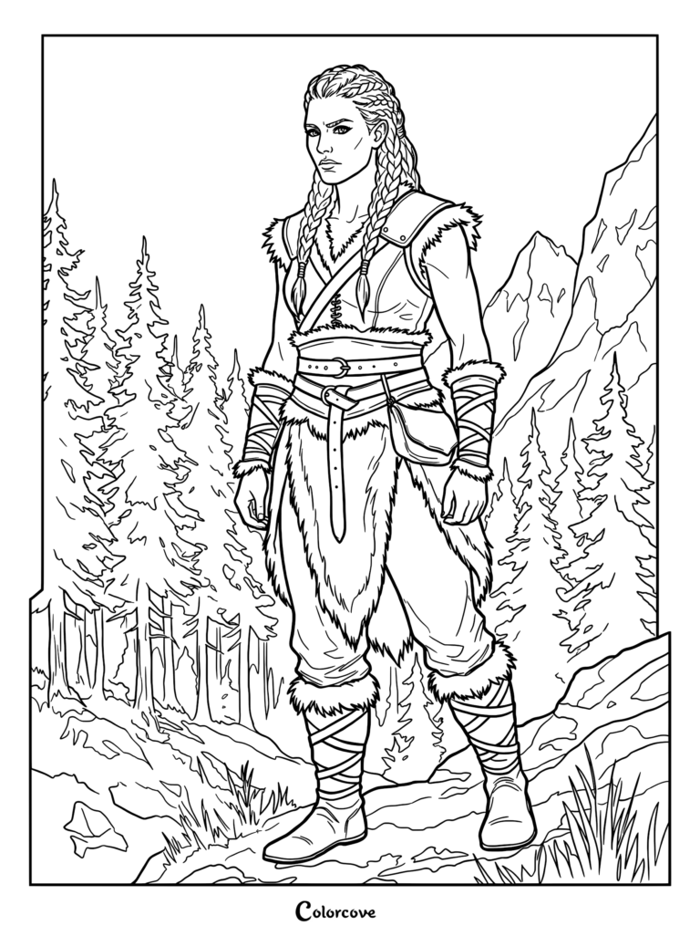 A Viking giant warrior woman with braided hair wearing fur-lined armor standing in a mountain forest, printable coloring page.