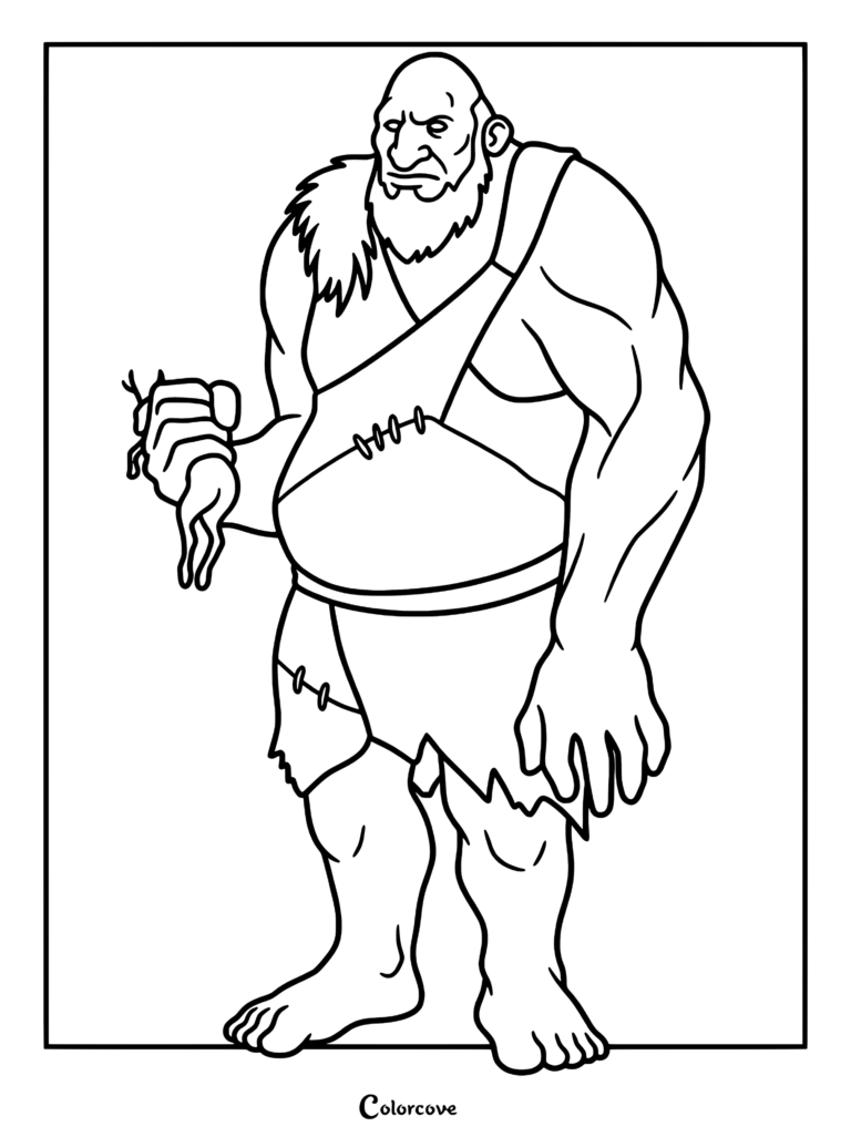 A printable coloring page featuring a muscular giant with a beard wearing a fur-trimmed tunic and holding a small creature in his hand.
