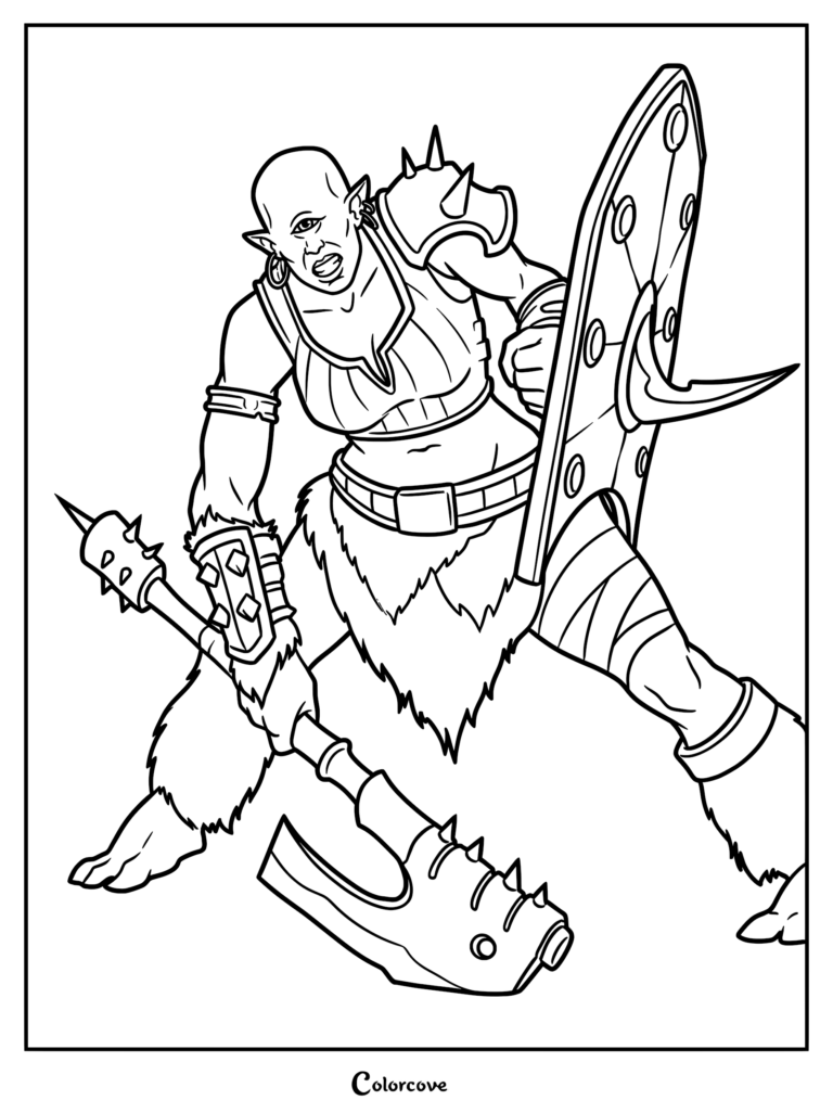 A fierce female cyclops warrior holding a spiked battle axe and a large shield in this printable coloring page.