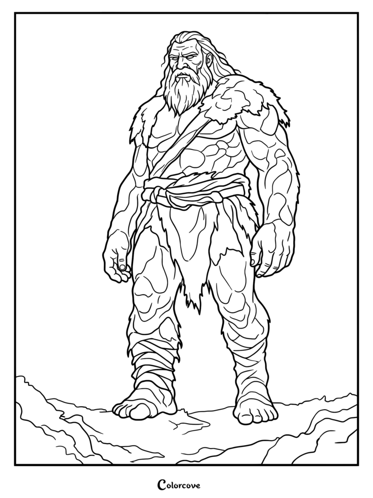 A coloring page featuring a muscular Viking giant with a long beard, wearing fur pelts and leg wraps, standing on rocky terrain.