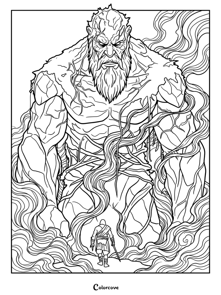 Kratos standing before the massive stone giant Thamur in a swirling mist coloring page