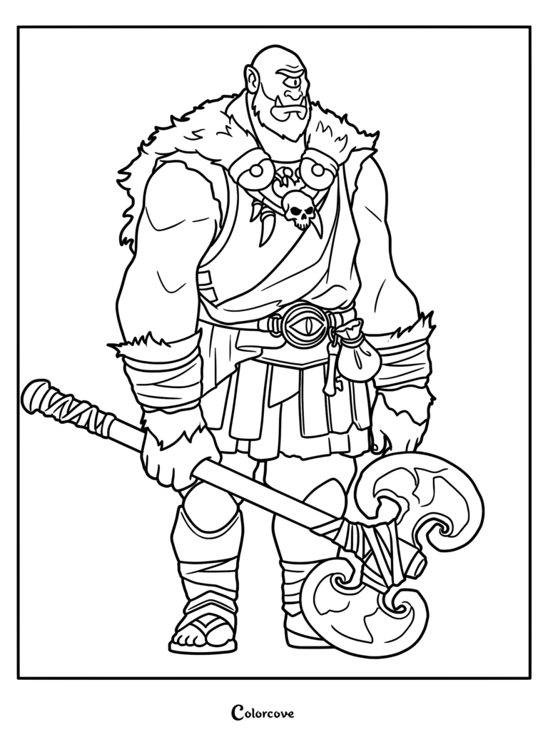 A muscular cyclops warrior wearing a skull necklace and fur-lined armor holding a double-bladed battle axe in this printable coloring page.