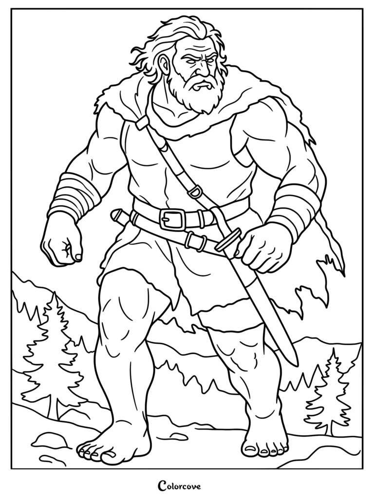 A muscular giant warrior with a beard, fur cape, and sword in a mountain forest setting, line art coloring page.