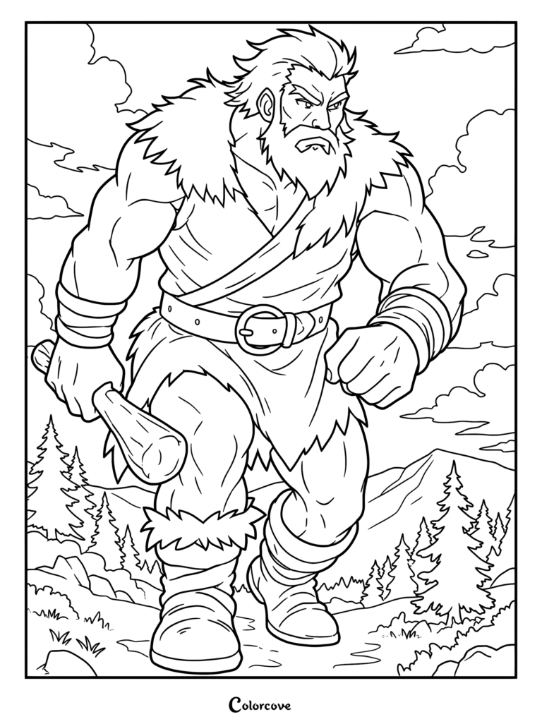 A fierce giant warrior with a beard and fur-lined tunic holding a wooden club in a mountain landscape coloring page.