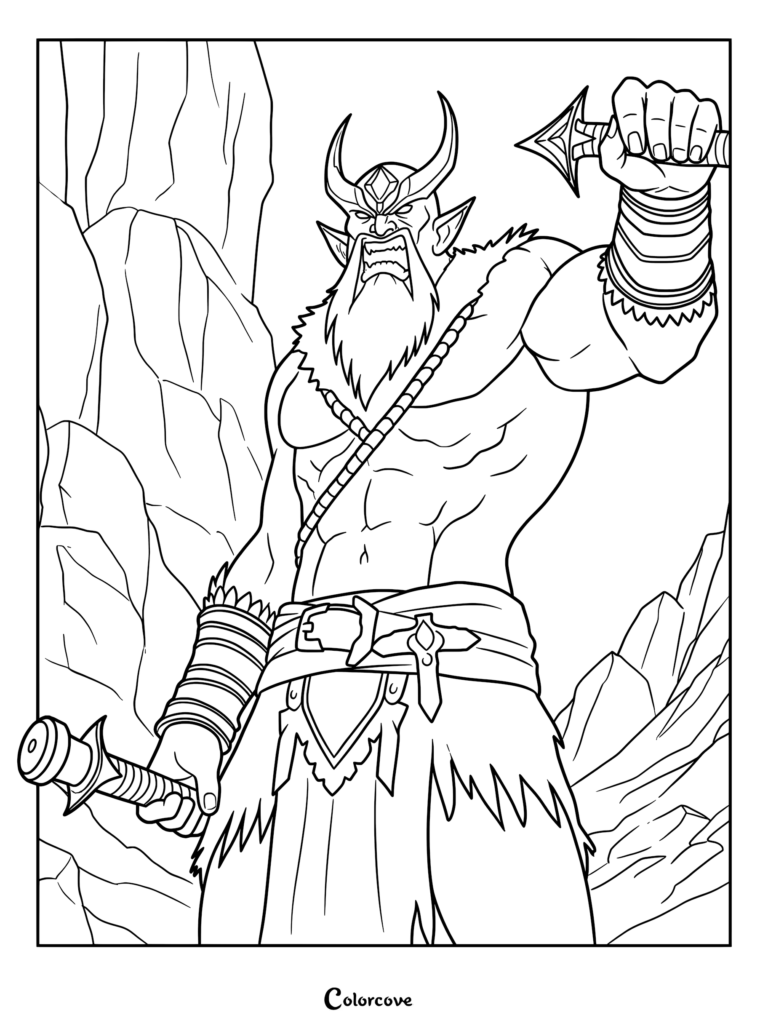 A fierce horned giant warrior with a beard holding two daggers in a rocky mountain pass coloring page.