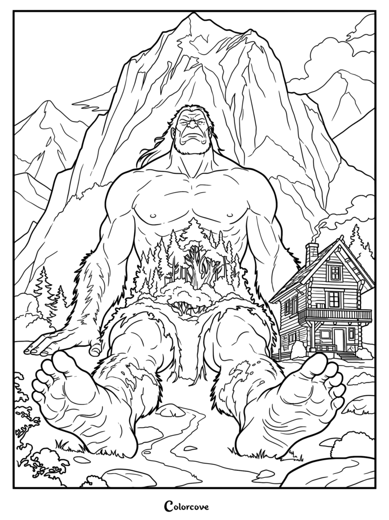 A giant coloring page featuring a massive creature sitting in front of a mountain range with a small cabin nearby.