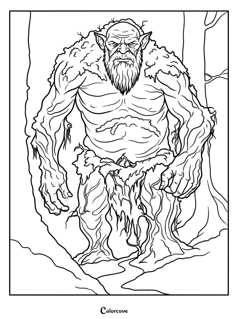 A muscular forest giant with a beard and leafy loincloth standing in a woodland, detailed line art coloring page.
