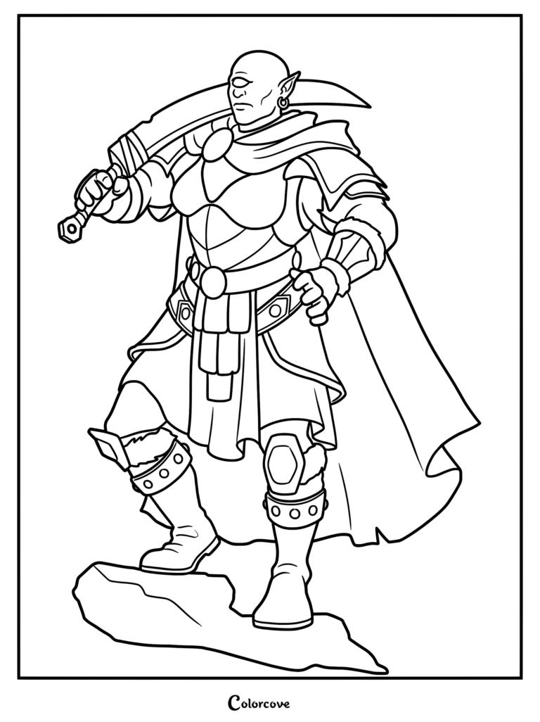 A powerful one-eyed cyclops giant warrior in full plate armor holding a large sword on his shoulder, coloring page.