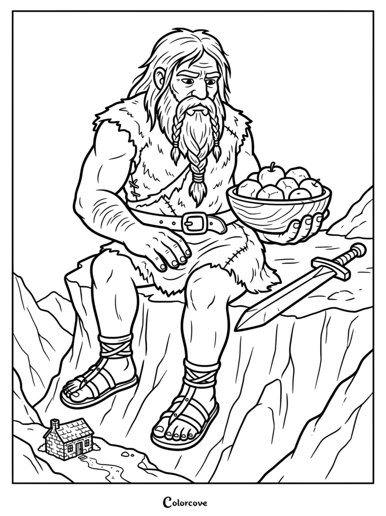 A giant with a braided beard sitting on a mountain cliff holding a bowl of apples next to a sword, coloring page style line art.