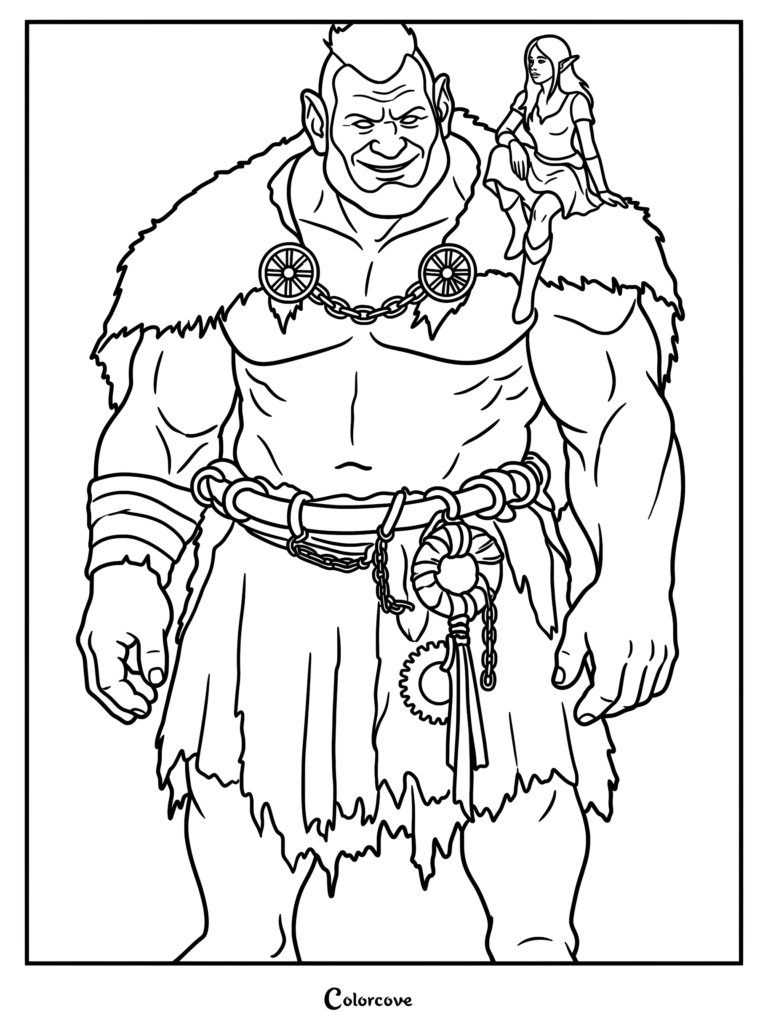 A muscular giant wearing a fur mantle and chain belt with an elf sitting on his shoulder in this printable coloring page.
