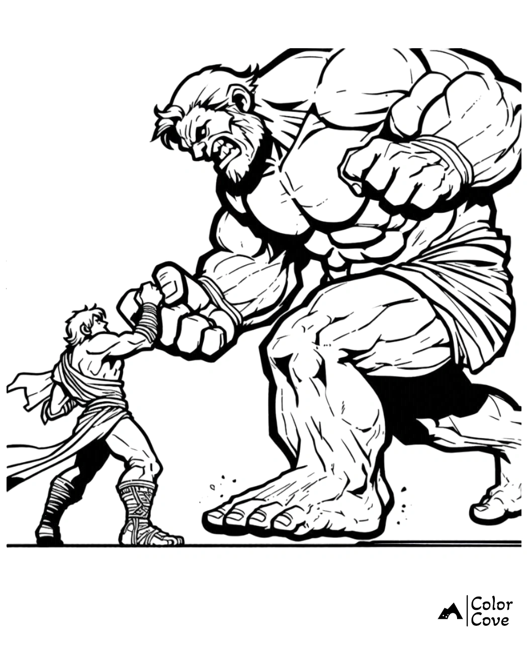 a cartoon of a giant man fighting with another man