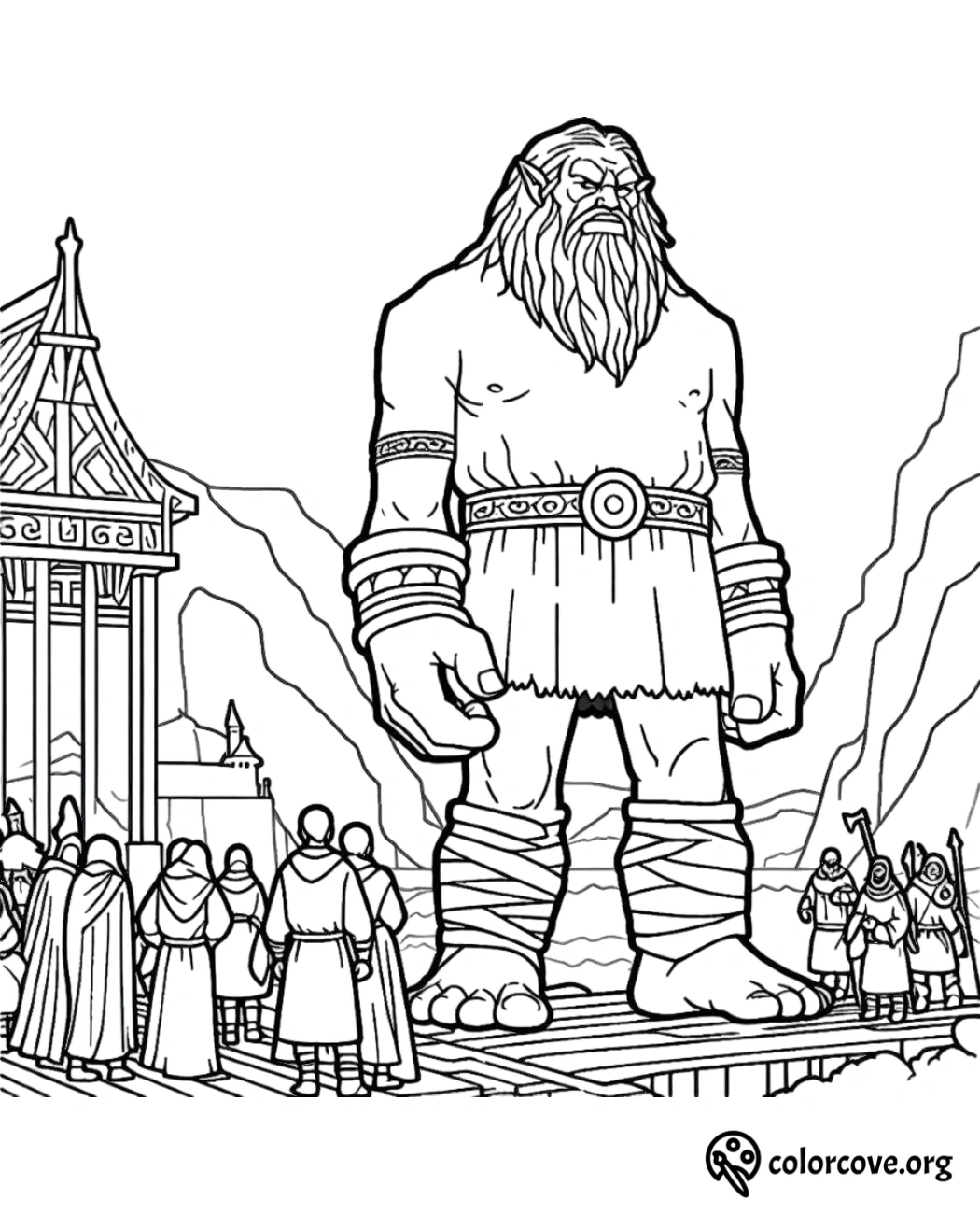 a black and white drawing of a giant man