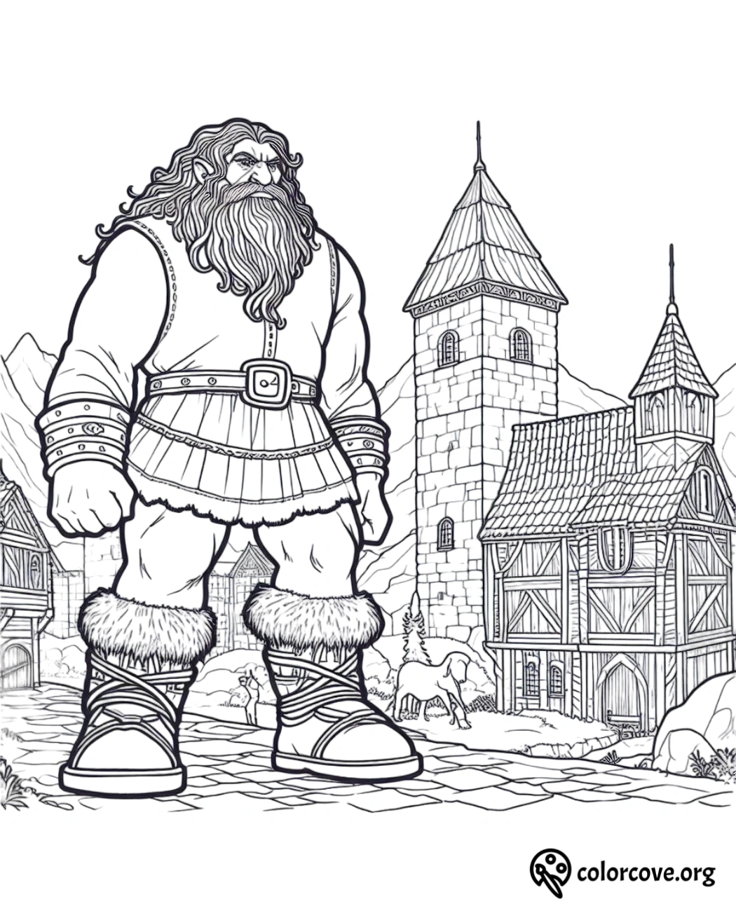 a cartoon of a man with a beard and a large beard standing in front of a building