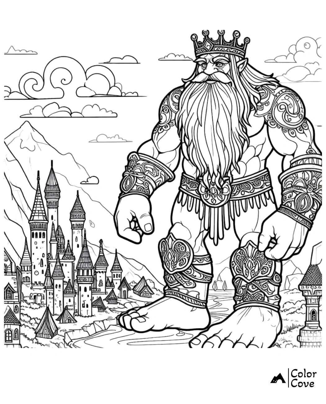 a drawing of a man with a crown and a castle