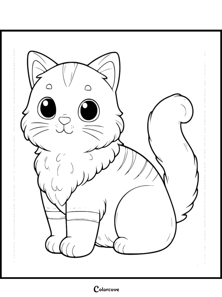 A cute ginger cat with large eyes and fluffy fur sitting in a simple line art coloring page style.