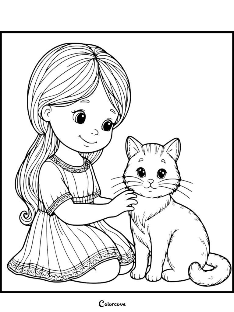 A young girl with long hair wearing a dress petting a fluffy ginger cat in this printable coloring page.